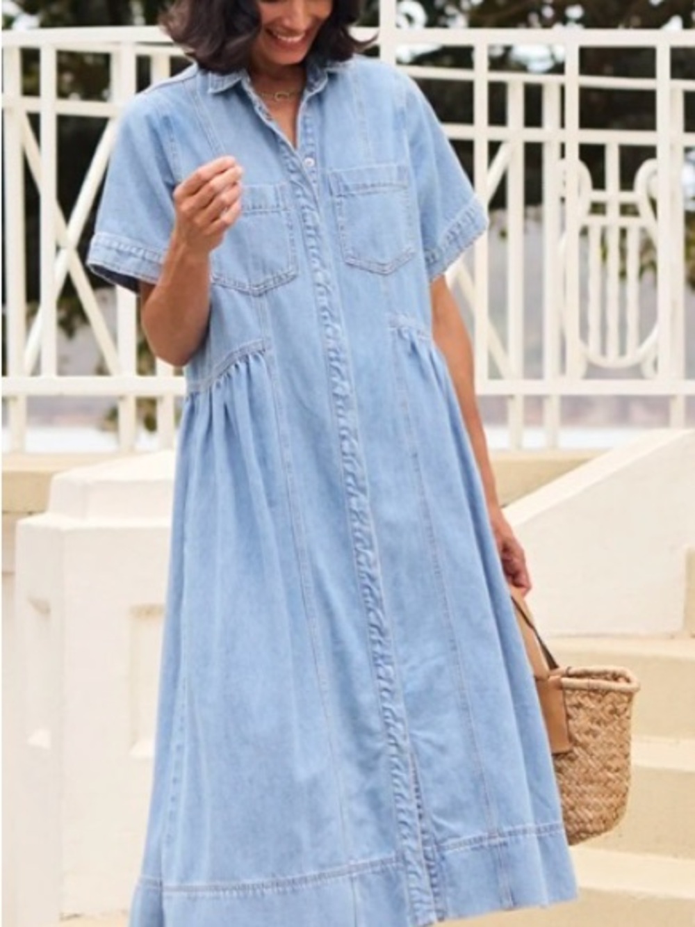 Light Blue Denim Midi Shirt Dress - Casual Button-Front